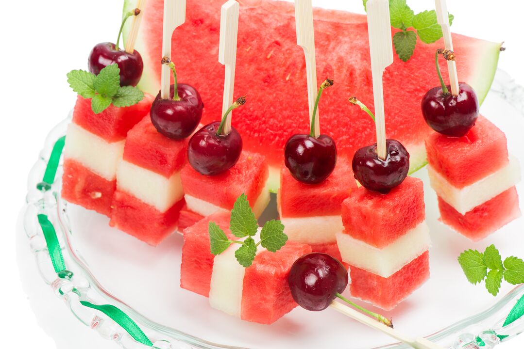Watermelon, melon and cherry canapes - a salty dessert diet of watermelon